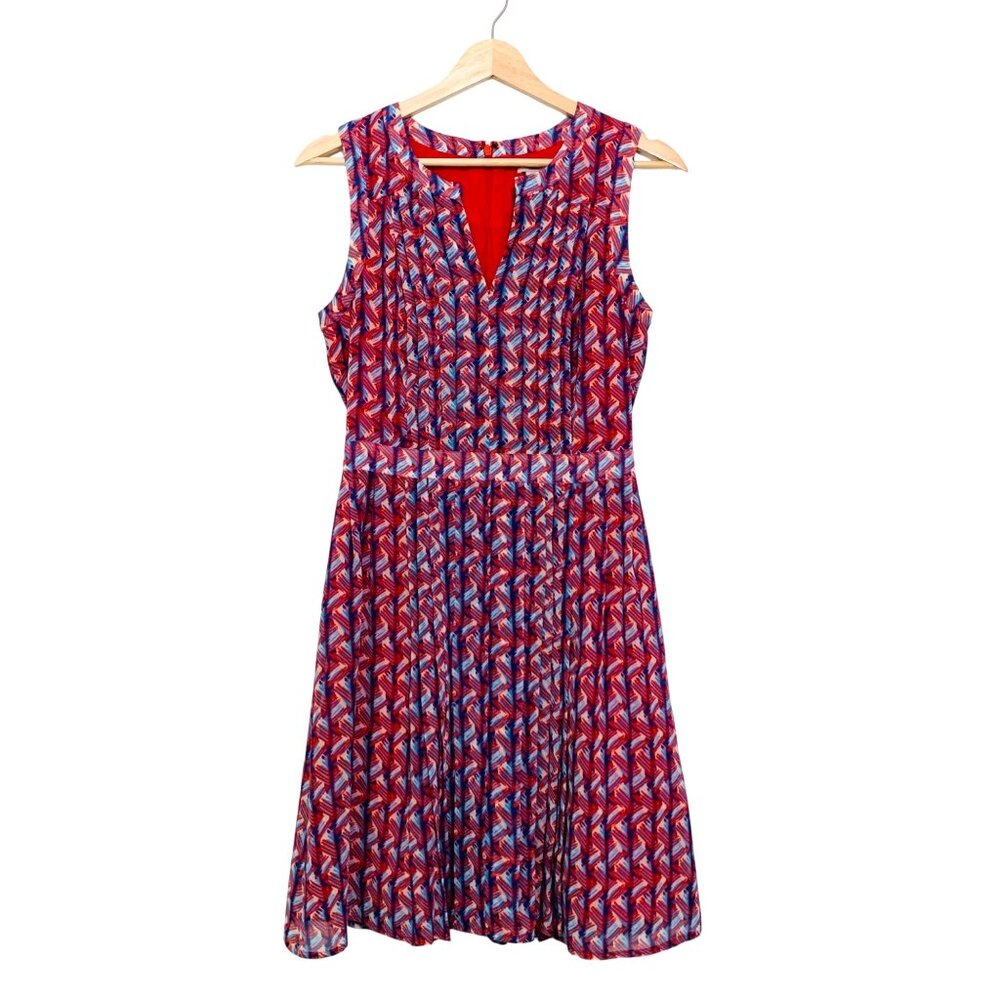 Halogen Sleeveless Red & Blue Geometric Print Dress Size 2 Pleated A-Line V-Neck